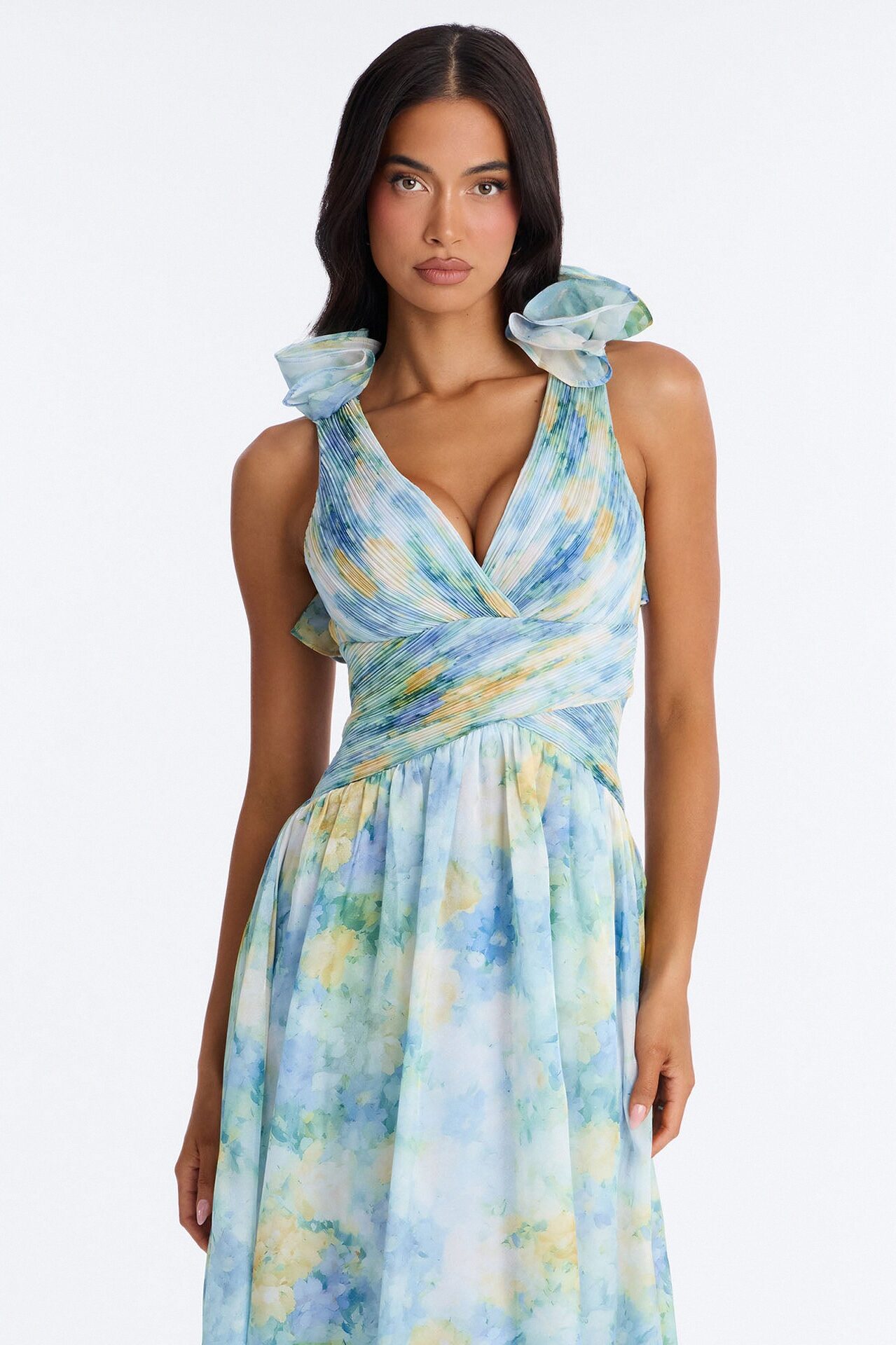 Garden Hour Ruffle Pleated Gown - Blue/combo