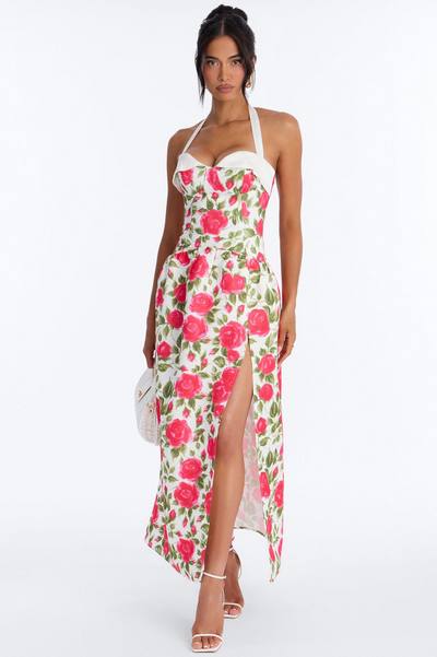 Sweetheart Floral Satin High Slit Maxi Dress - Pink/combo