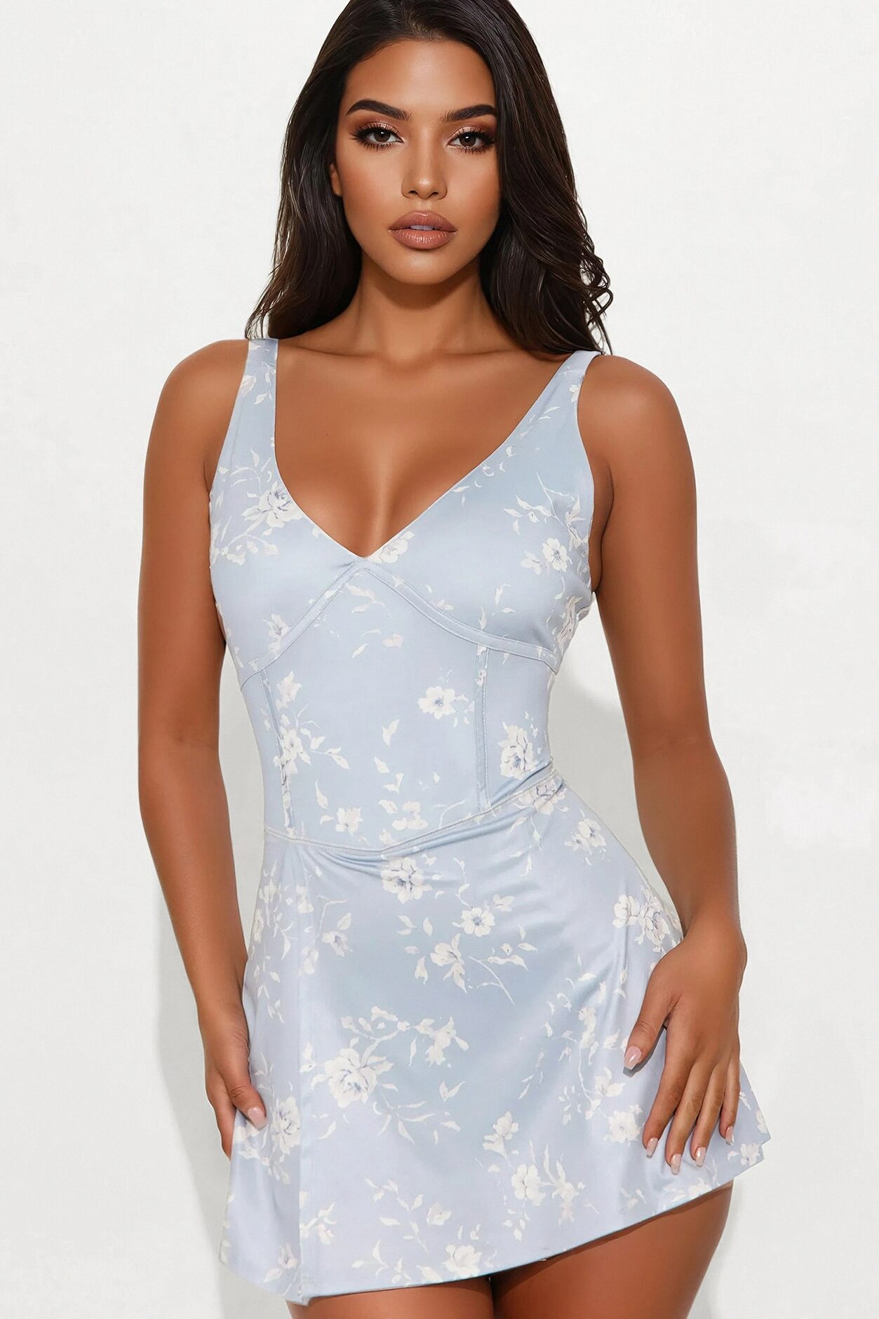 Hot Girl Stroll Tennis Floral Mini Dress - Blue/combo