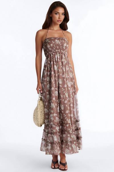 Lilah Floral Backless Maxi Dress - Brown/combo