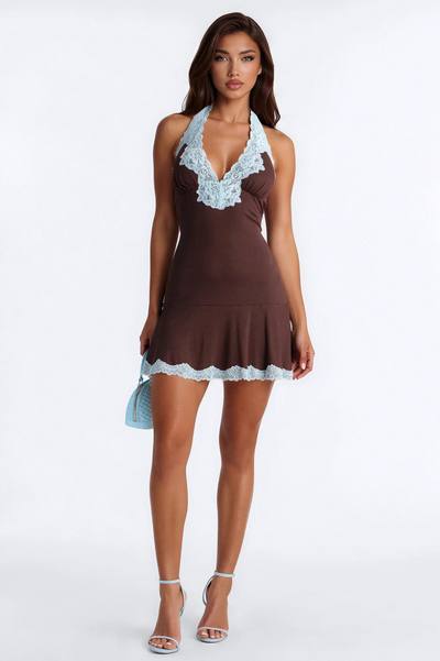 Andi Lace Trim Halter Mini Dress - Chocolate/Combo