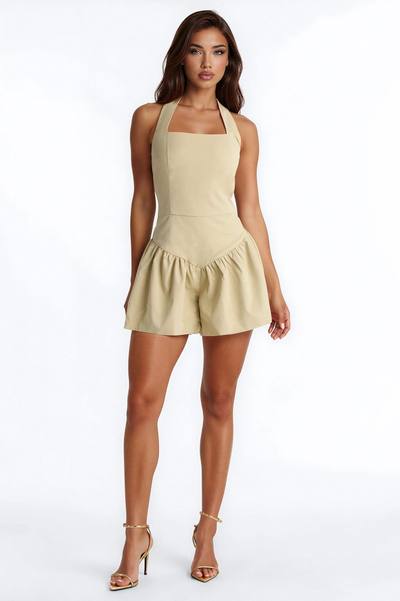 Athena Halter Bubble Romper - Khaki
