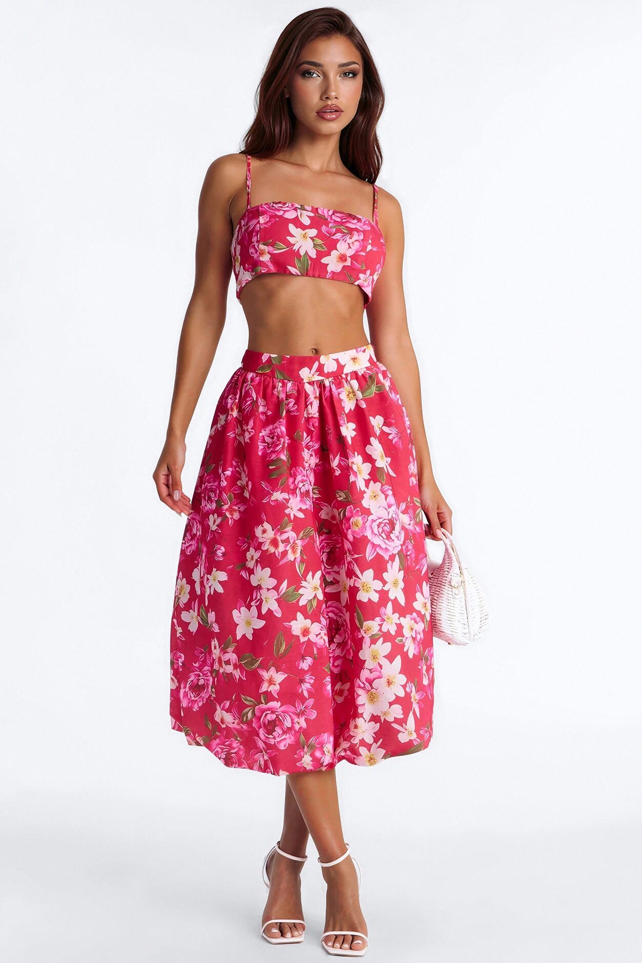 Yvete Floral Linen Bubble Hem Midi Skirt - Pink/combo
