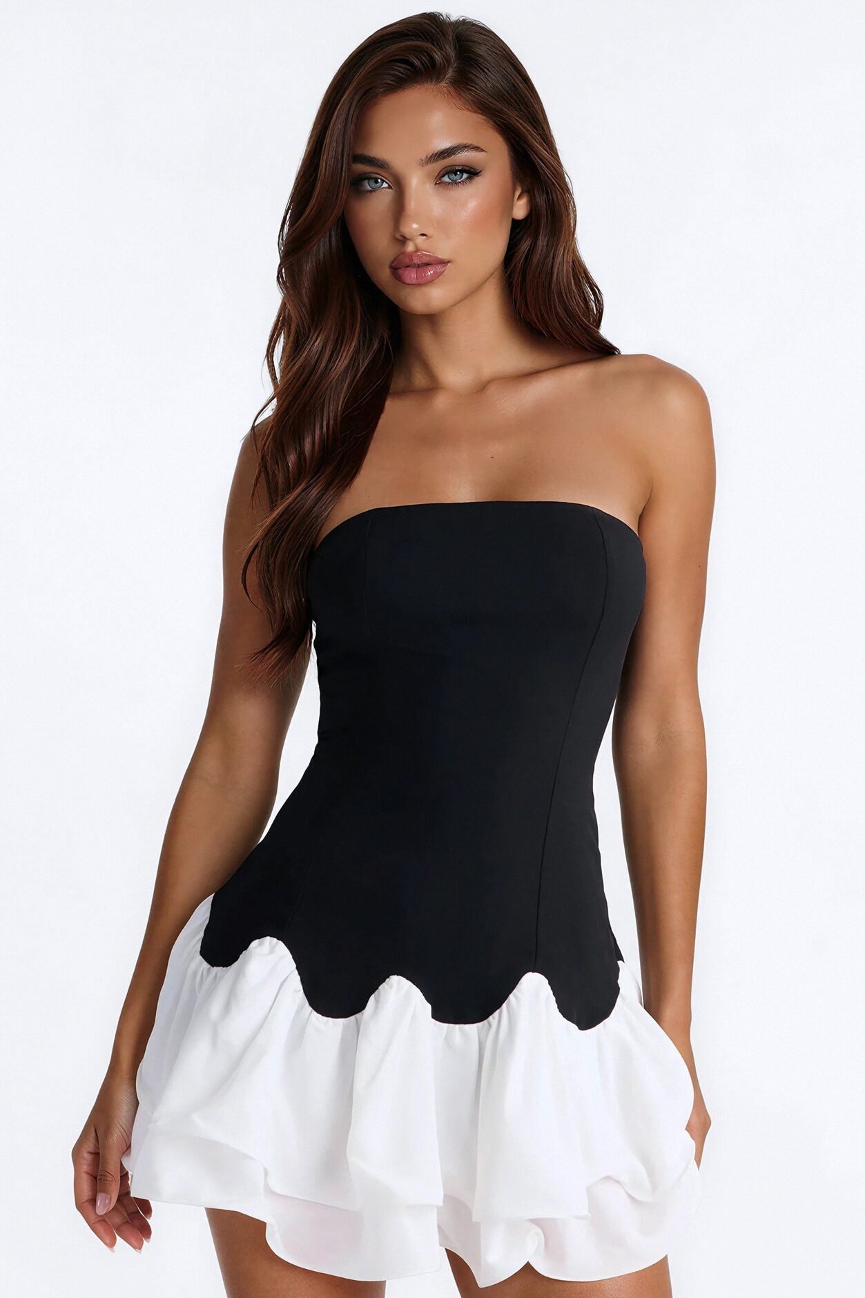 Allie Ruffle Hem Chiffon Mini Dress - Black/White