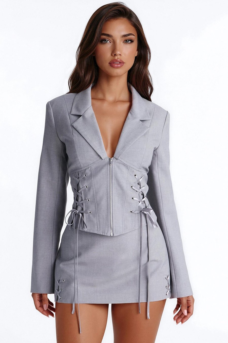 Unbothered Crepe Lace Up Corset Blazer - Grey