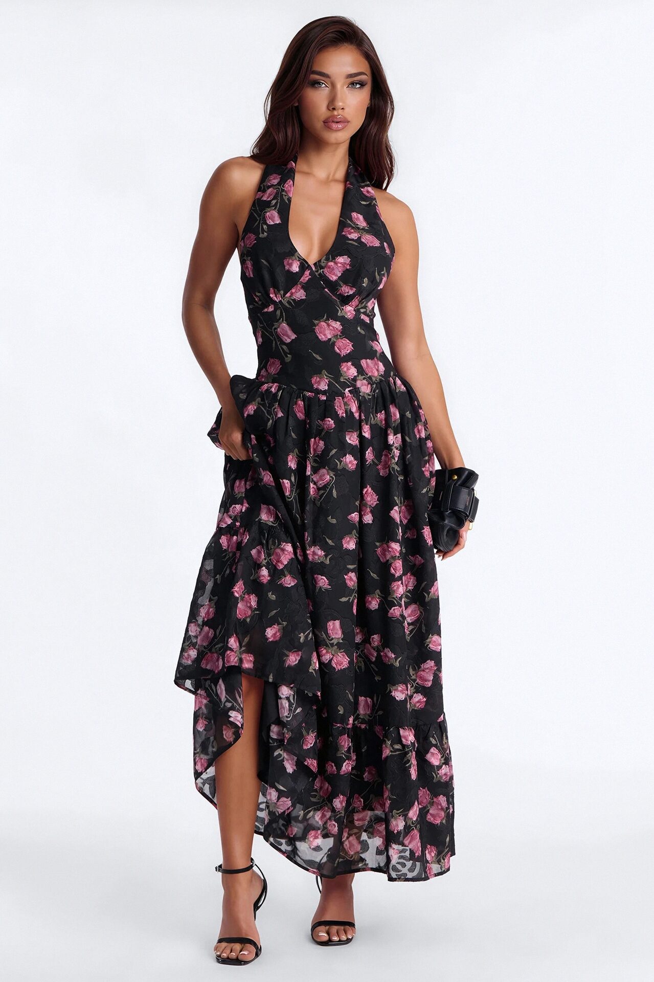 Whispering Rose Chiffon Maxi Dress - Black/combo