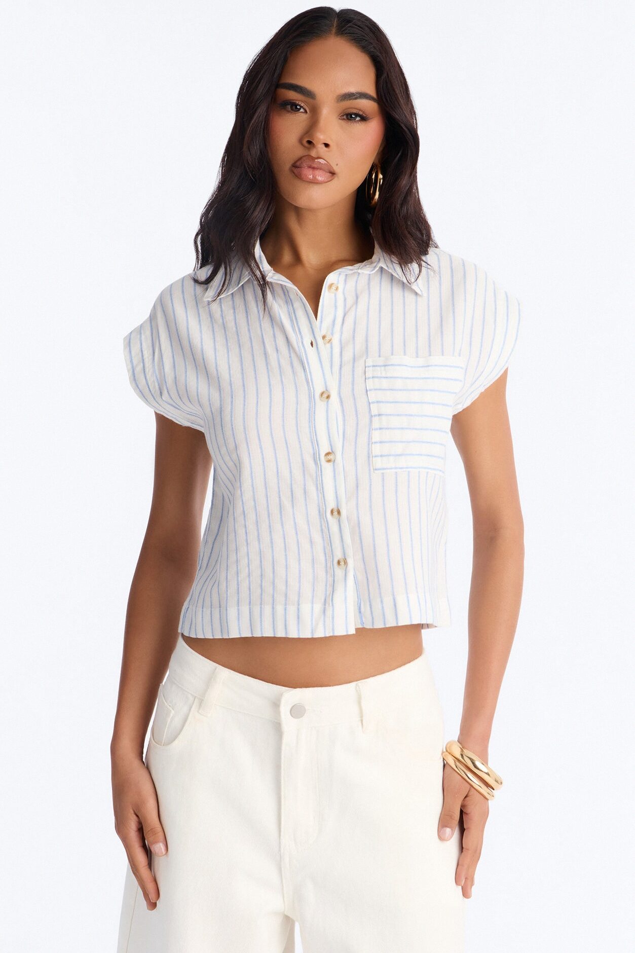 Isabelle Pinstripe Short Sleeve Button Up Shirt - Blue