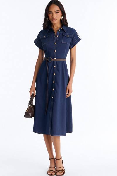 Malissa Belted Midi Dress - Navy