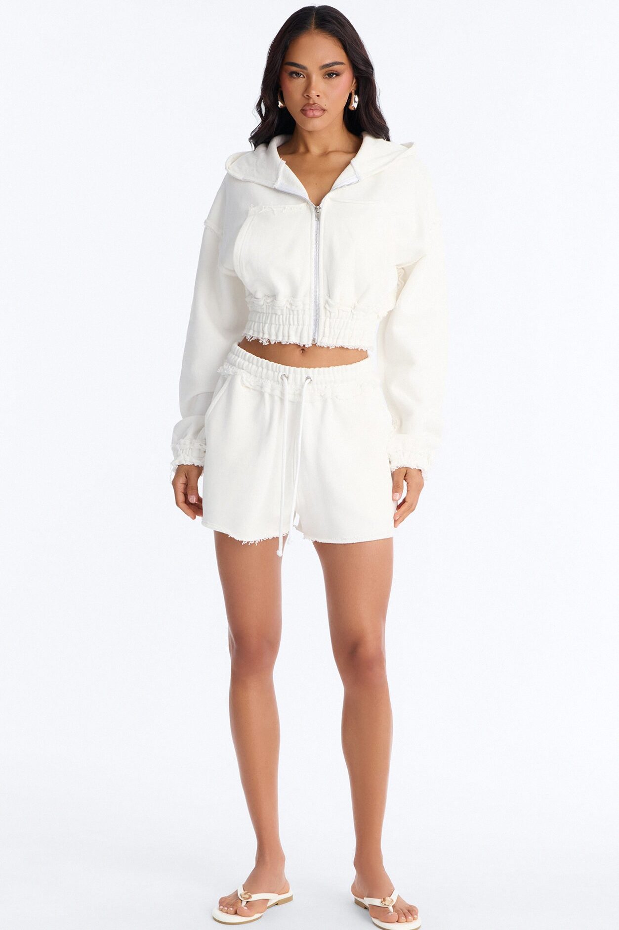 Avery French Terry Zip Up Short Set - White