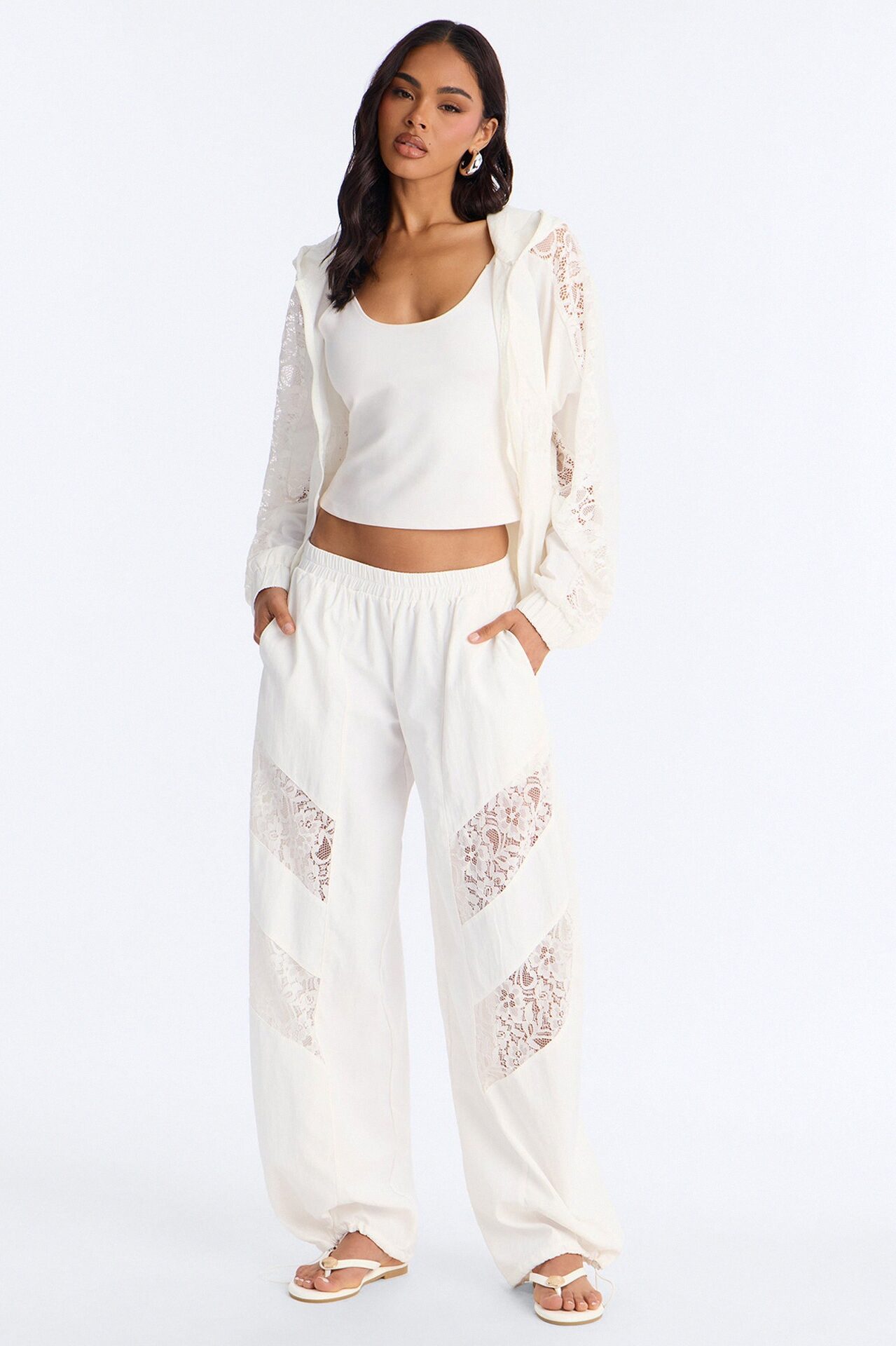 Sweet Addiction Lace Trim Windbreaker Pant - White