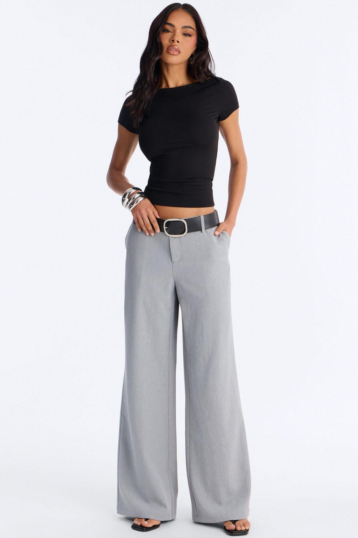 Angelina Low Rise Belted Straight Leg Trouser - Grey