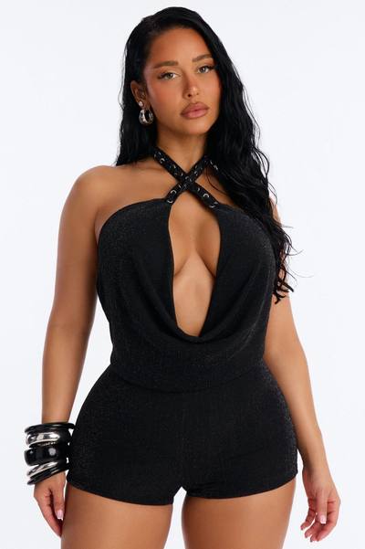 Bia Metallic Knit Cowl Romper - Black