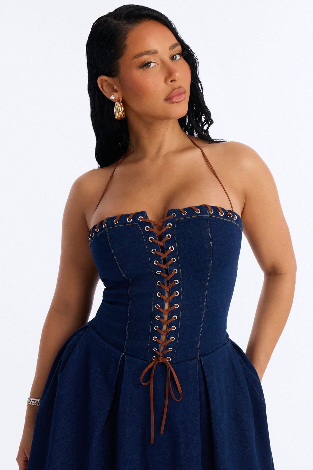 Karolina Lace Up Denim Midi Dress - Dark Wash
