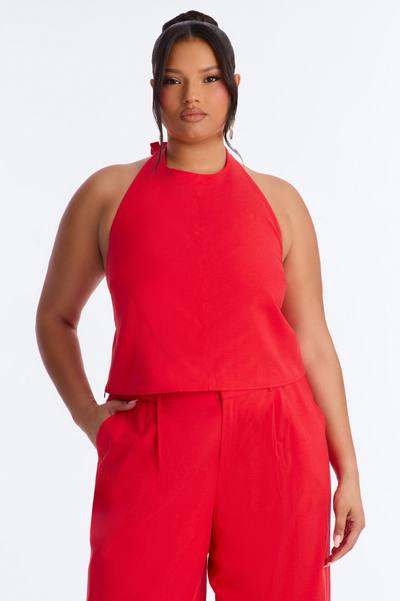 Ocean Breeze Linen Backless Halter Top - Red