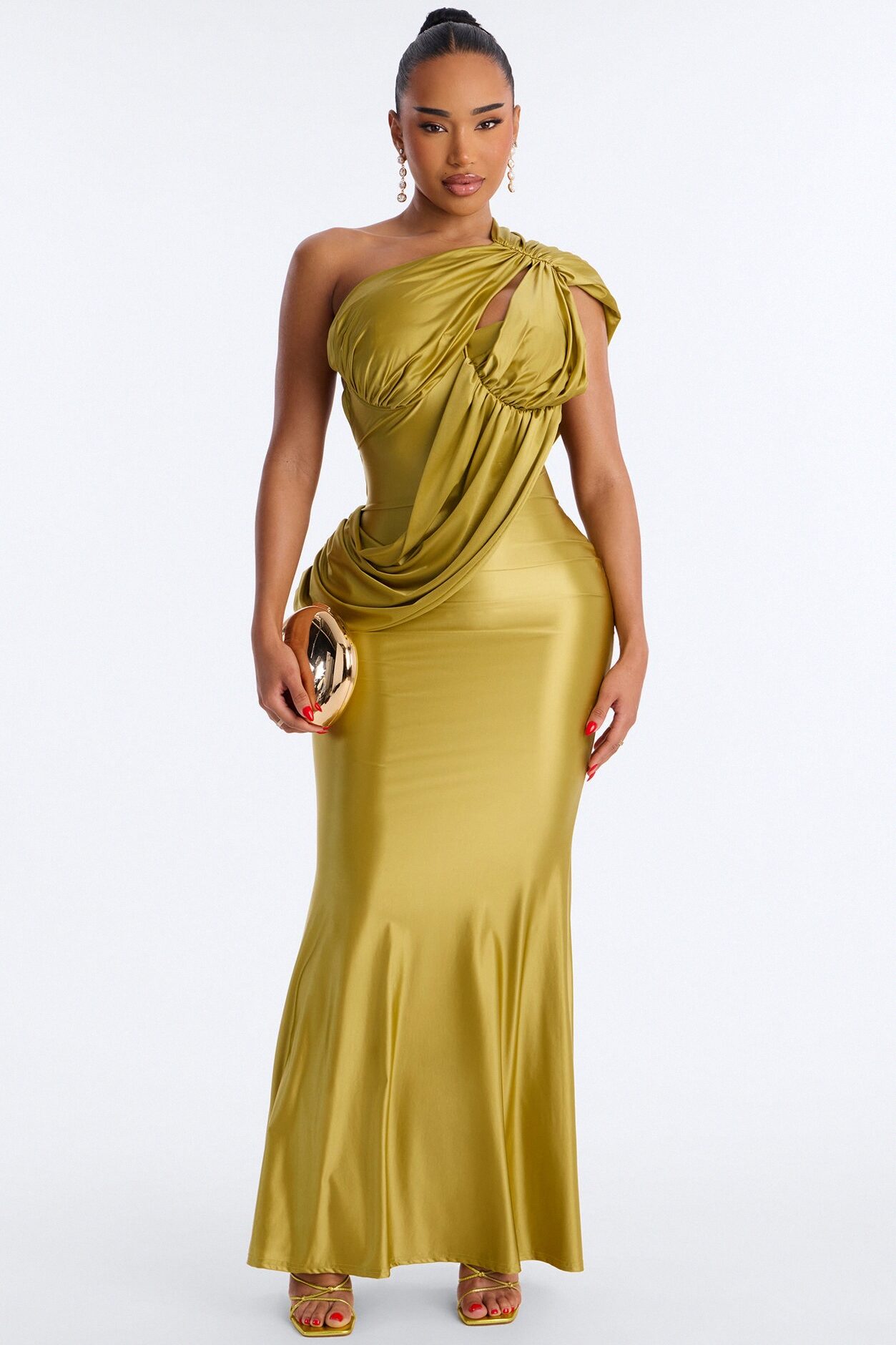 Strarstruck Draped One Shoulder Gown - Chartreuse