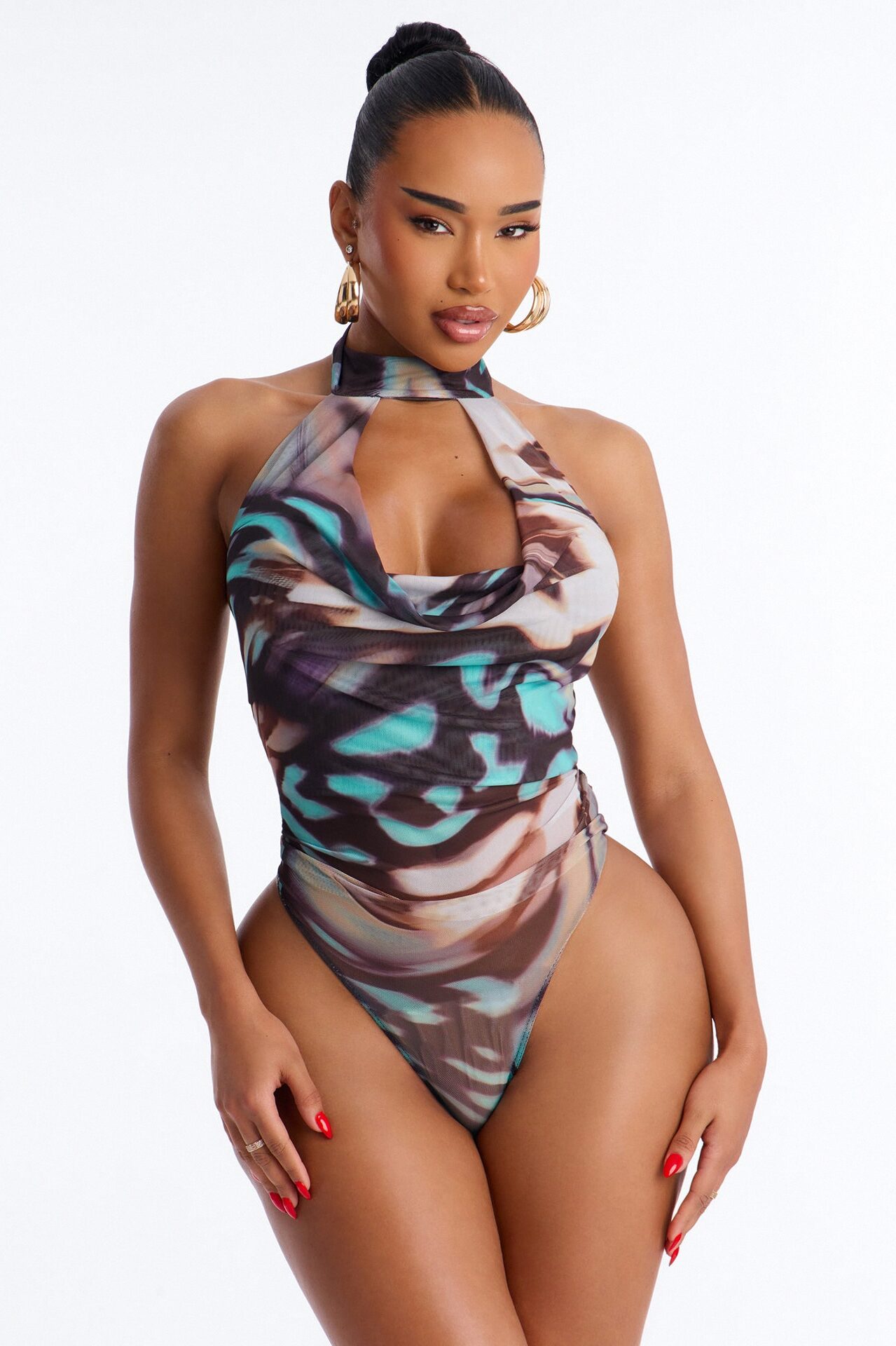 Destiny Mock Neck Cut Out Cowl Halter Bodysuit - Multi Color