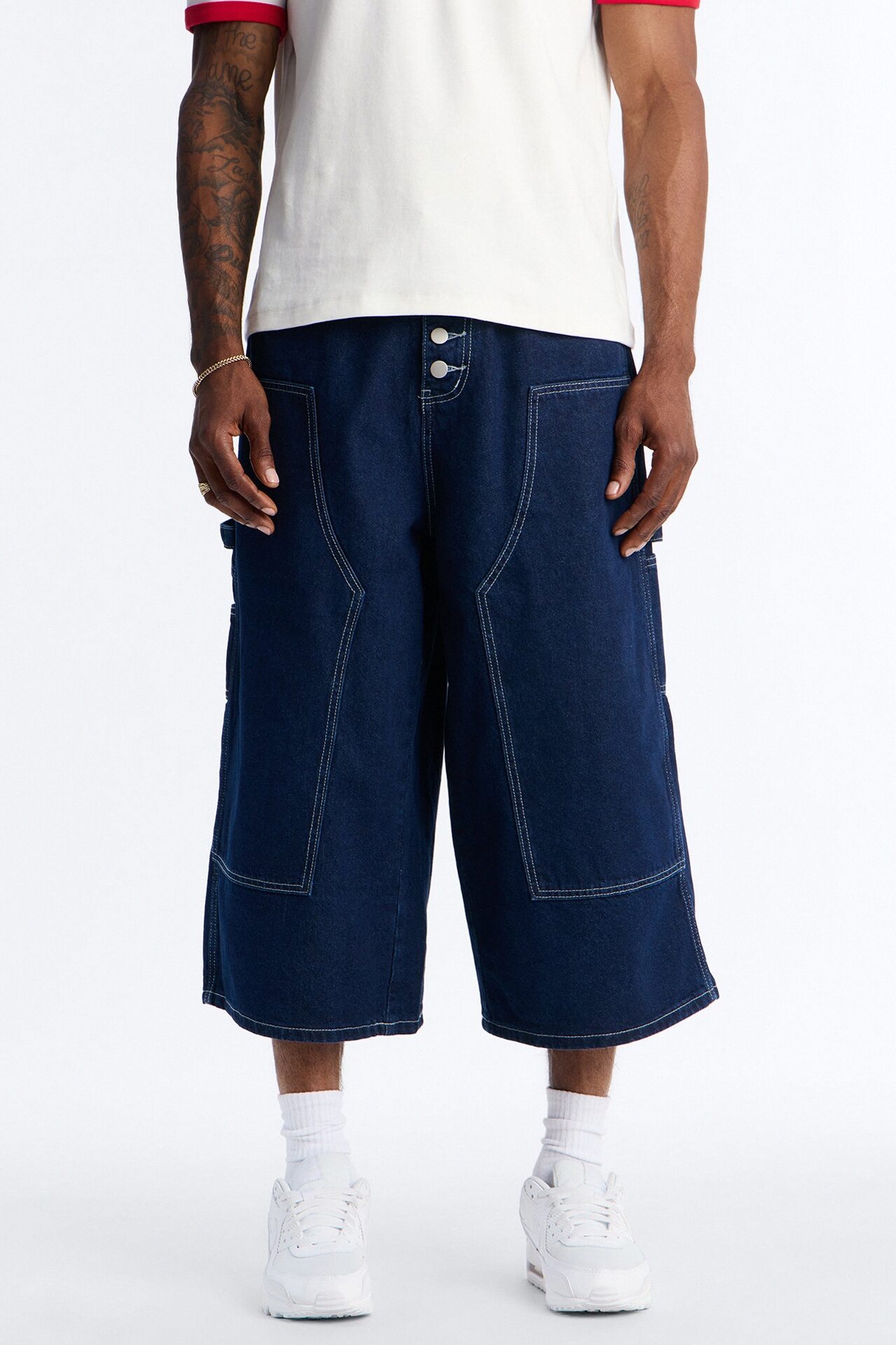 Super Baggy Button Drop Denim Shorts - Dark Wash