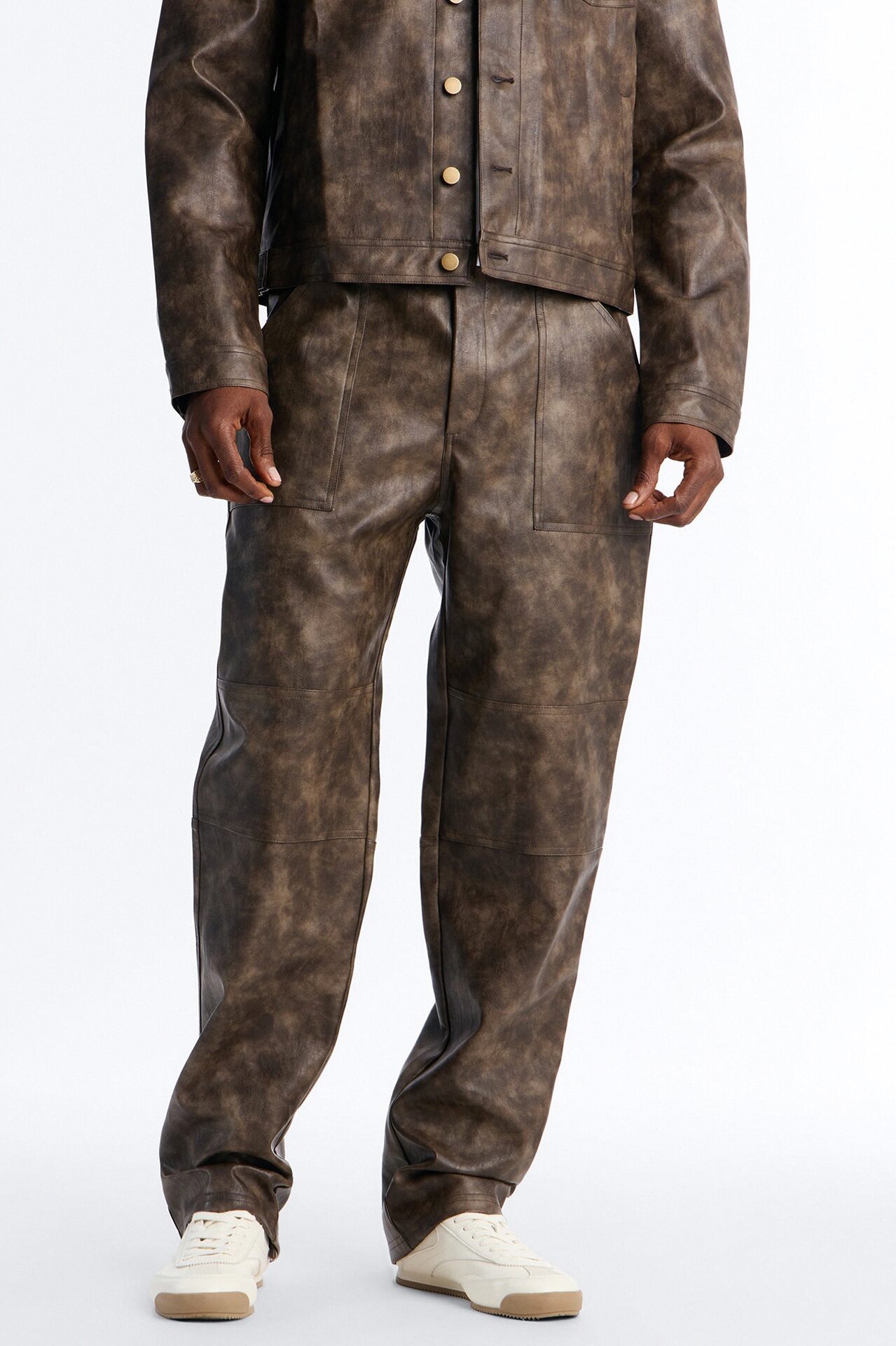Straight Flared Stone Grained Faux Leather Zip Pant - Brown