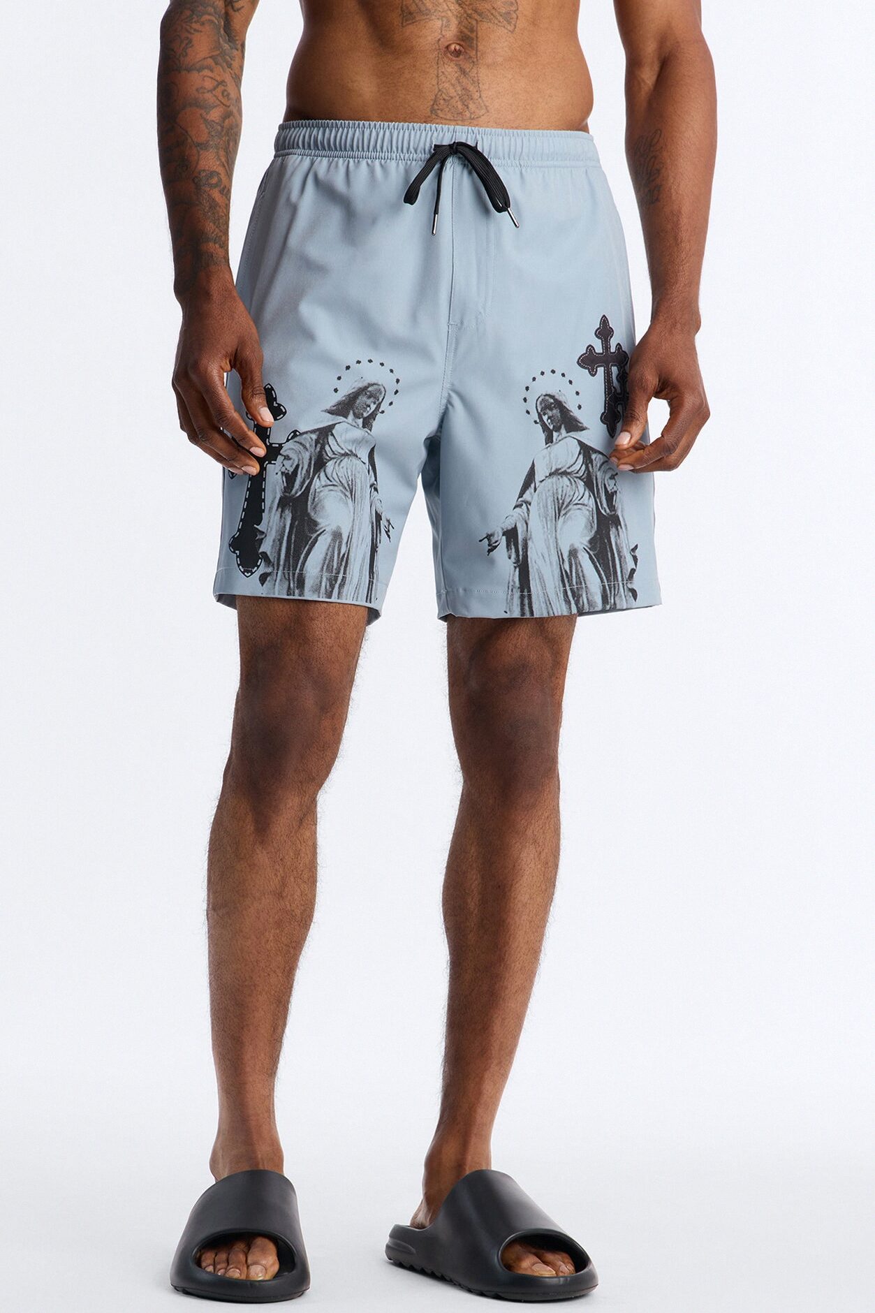 Mirrored Faith Applique Swim Trunk 7″ - Grey