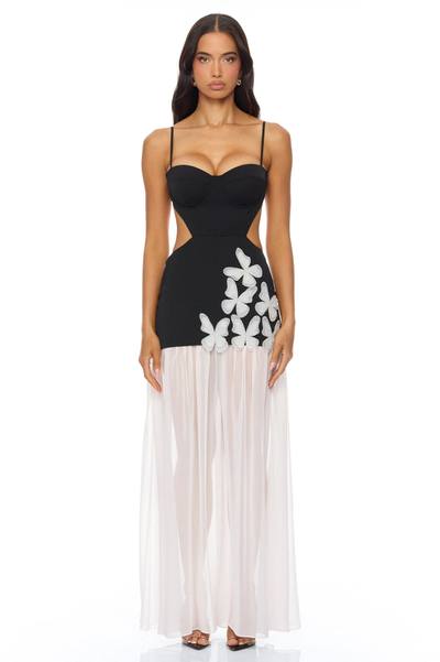 Cherry Blossom Backless Maxi Dress - Black/White