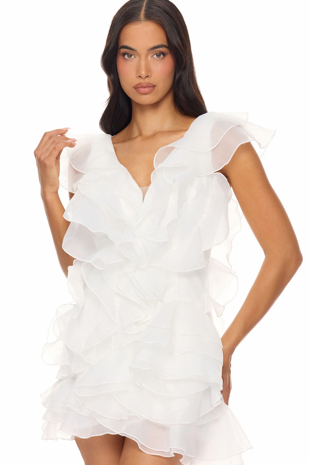 In The Clouds Sleeveless Ruffle Mini Dress - White