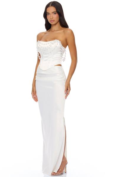 Say I Do Pearl Drape Satin Skirt Set - White