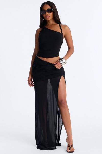 Stolen Moments Ruched Slit Mesh Maxi Skirt - Black