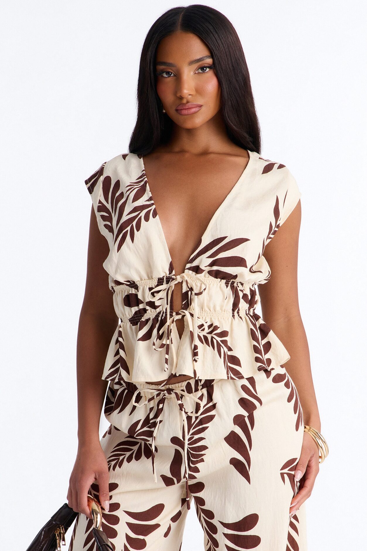 Soriana Linen Floral Pant Set - Brown Combo