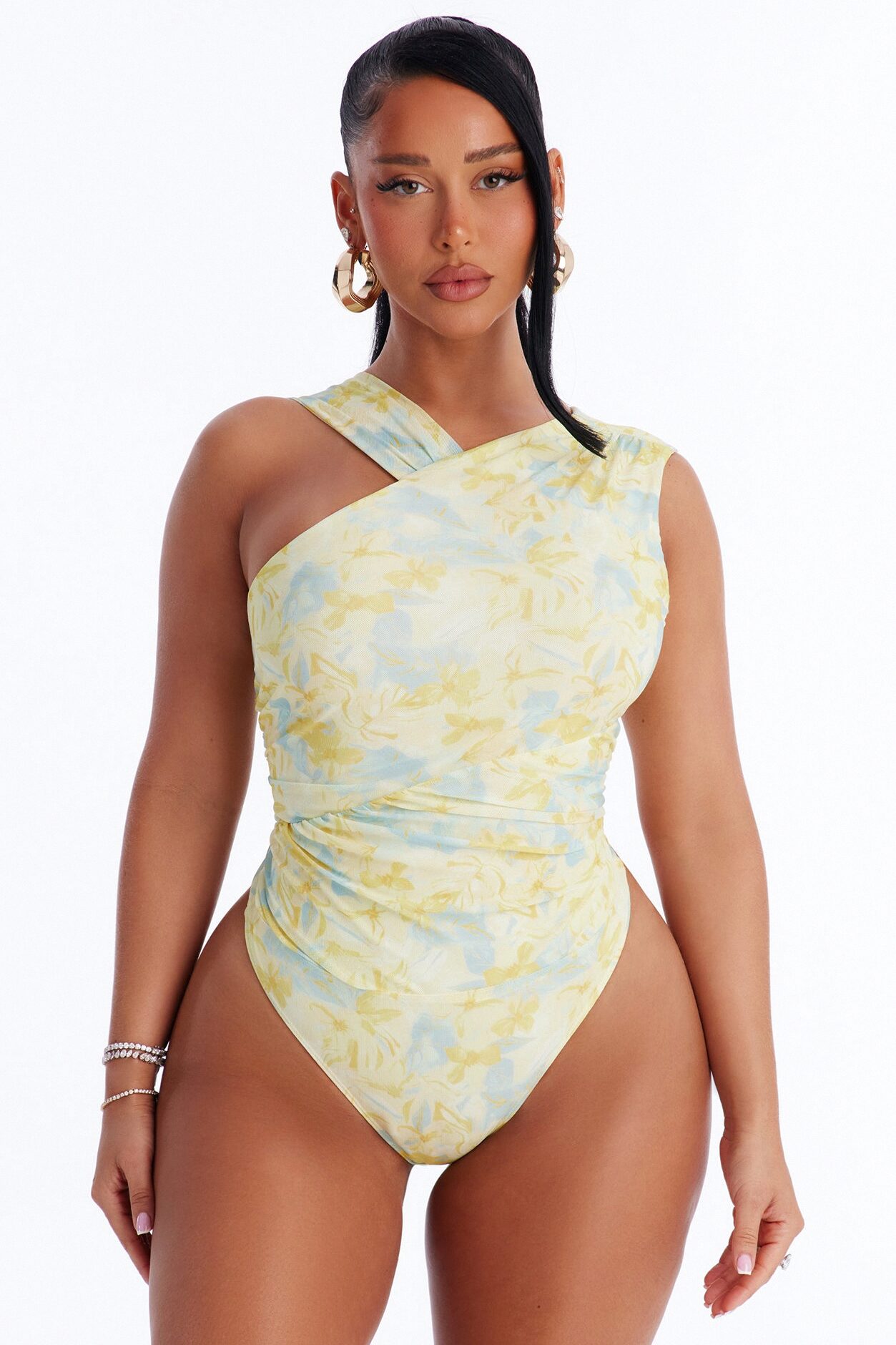 Hailey Floral Sleeveless Ruched Bodysuit - Yellow/combo