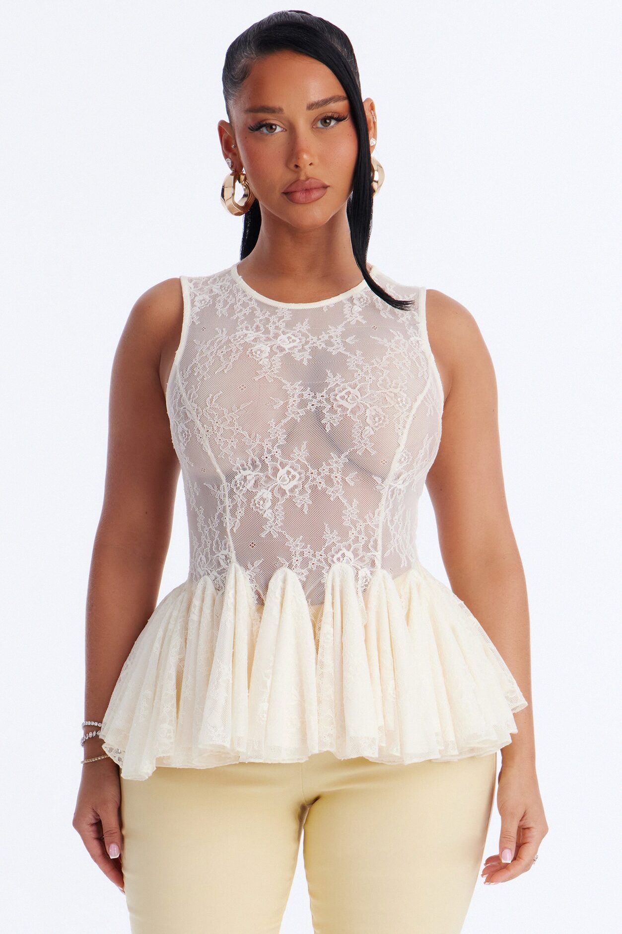 Tea Garden Sheer Lace Ruffle Sleeveless Top - Cream