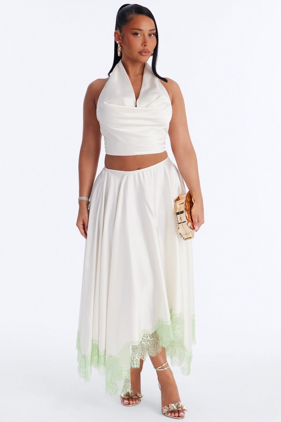 We Can Dance Satin Maxi Skirt Set - White