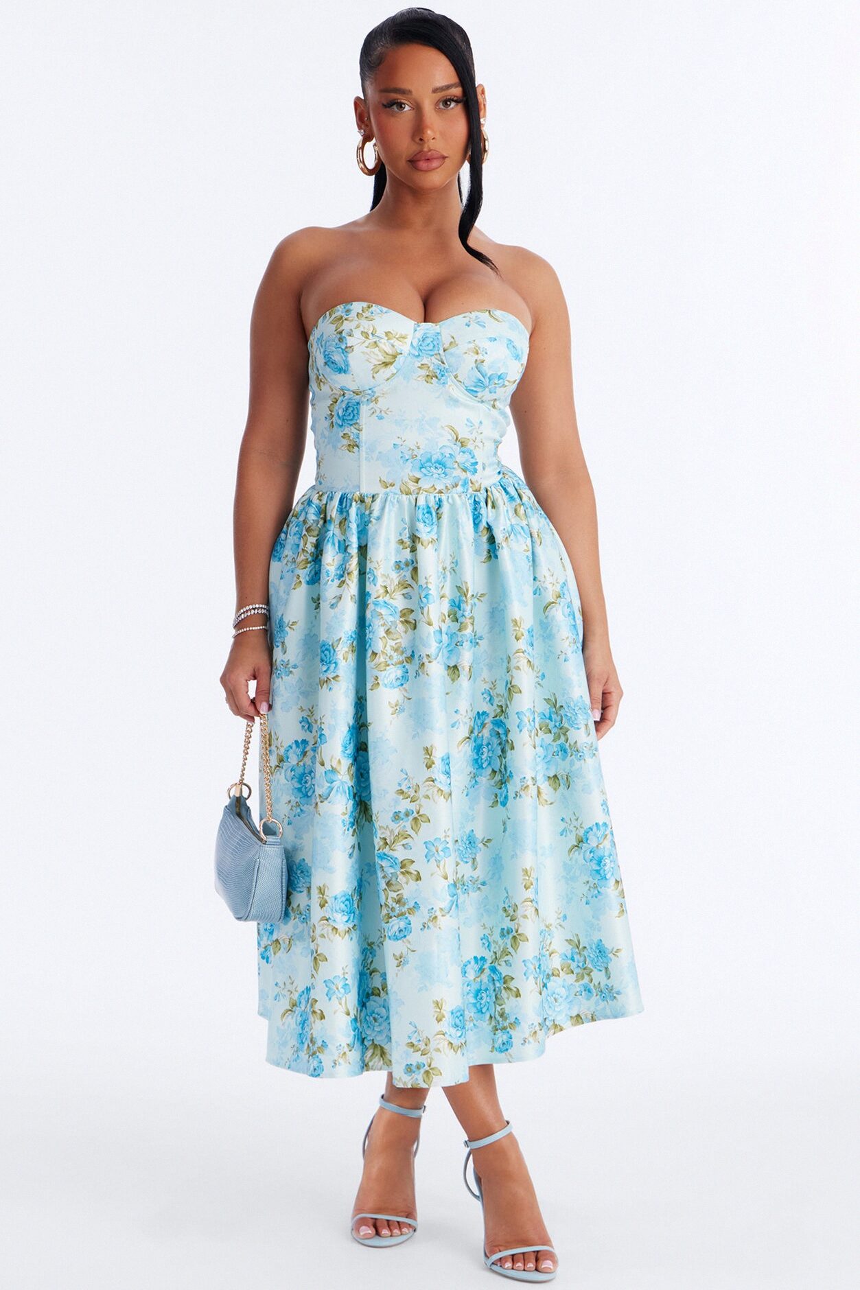 Sweet Delicate Floral Satin Midi Dress - Blue
