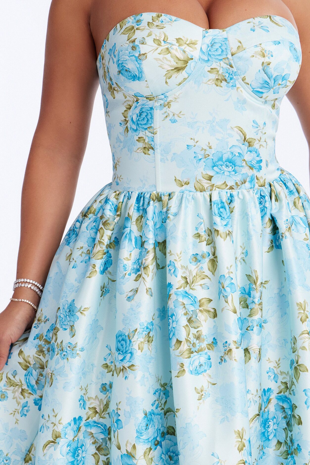 Sweet Delicate Floral Satin Midi Dress - Blue