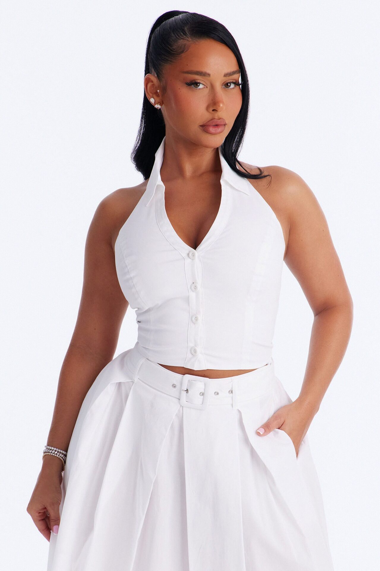 Lana Poplin Halter Maxi Skirt Set - White