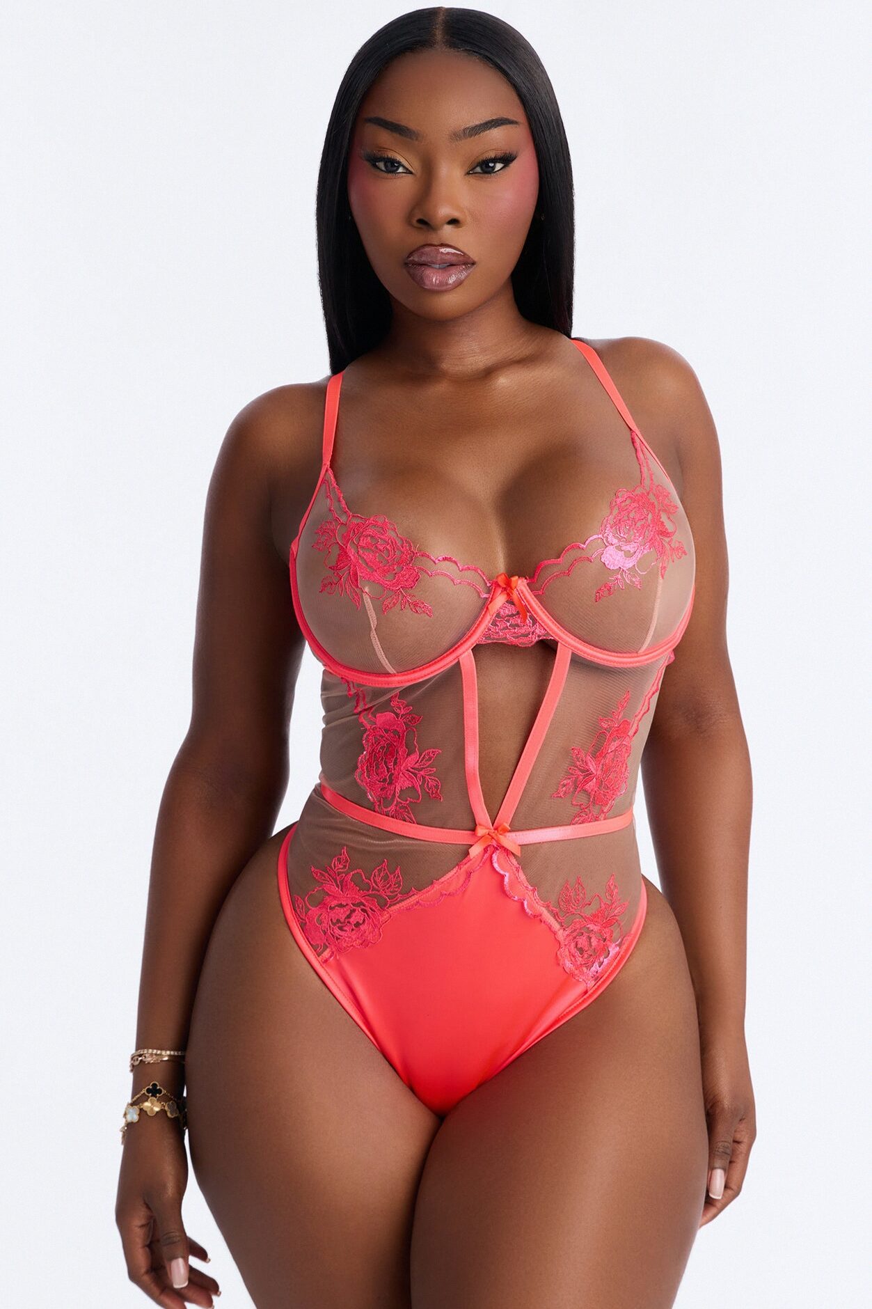 Wild Fire Embroidered Sheer Underwire Teddy - Coral