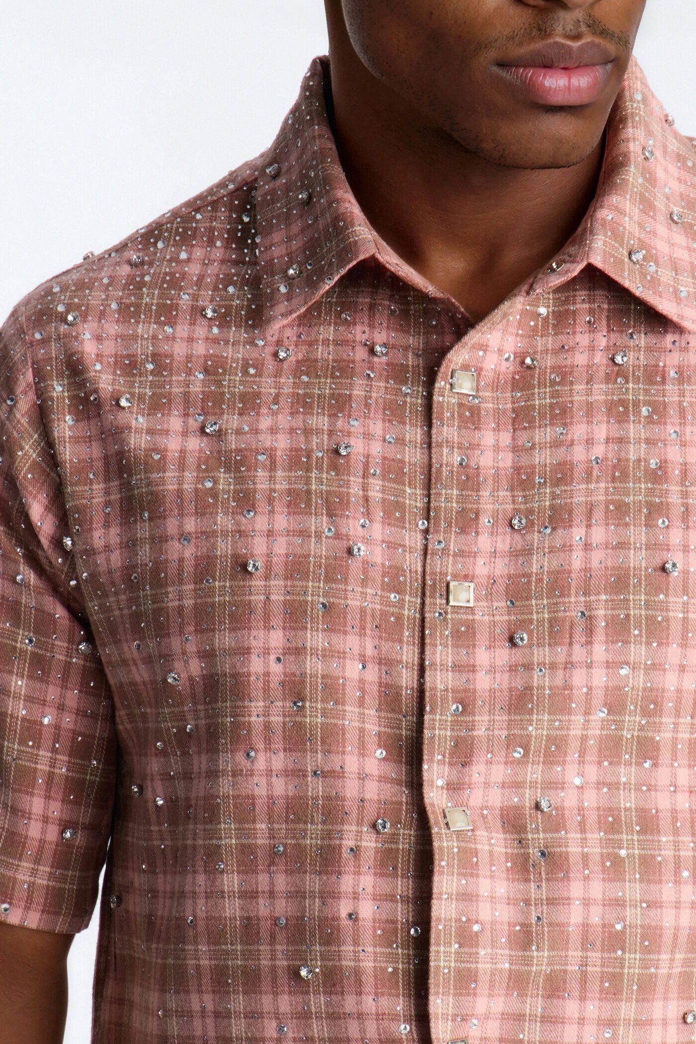 Cropped Vector Studded Plaid Button Up Shirt - Brown