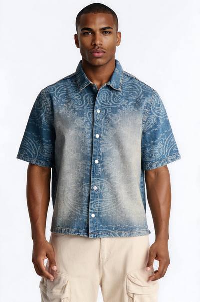 Cropped Paisley Last Denim Button Up Shirt - Medium Blue Wash