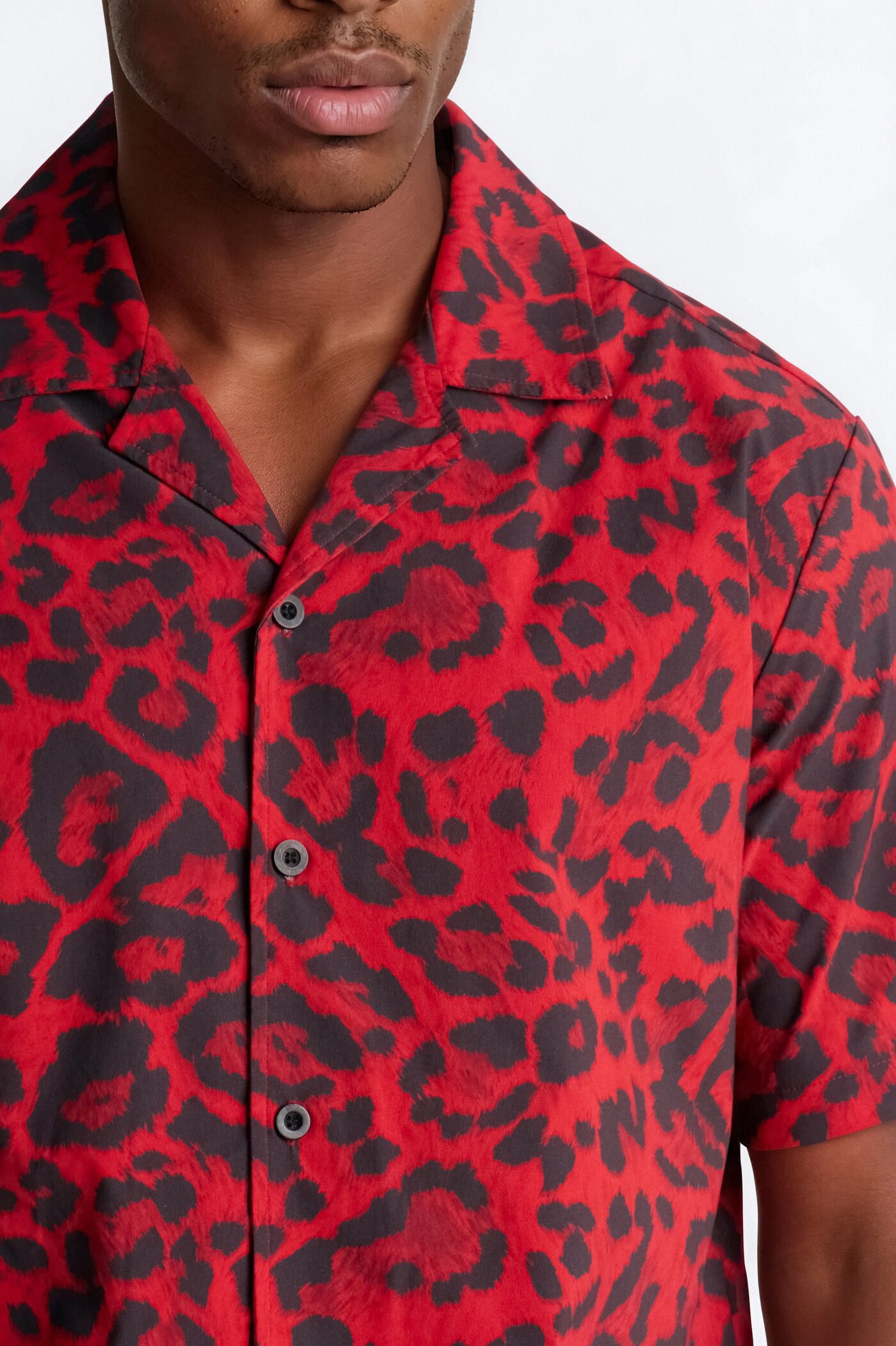 Relaxed Savage Club Leopard Print Cuban Collar Button Up Shirt - Red