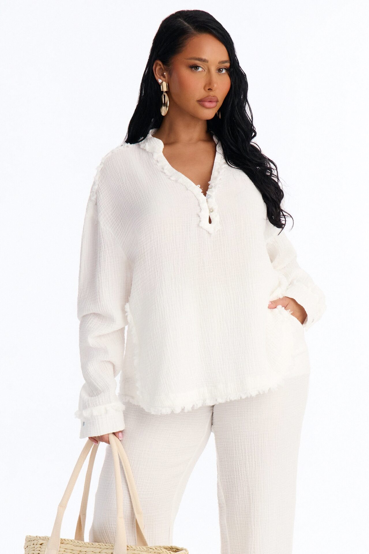 Isabella Gauze Wide Leg Pant Set - White