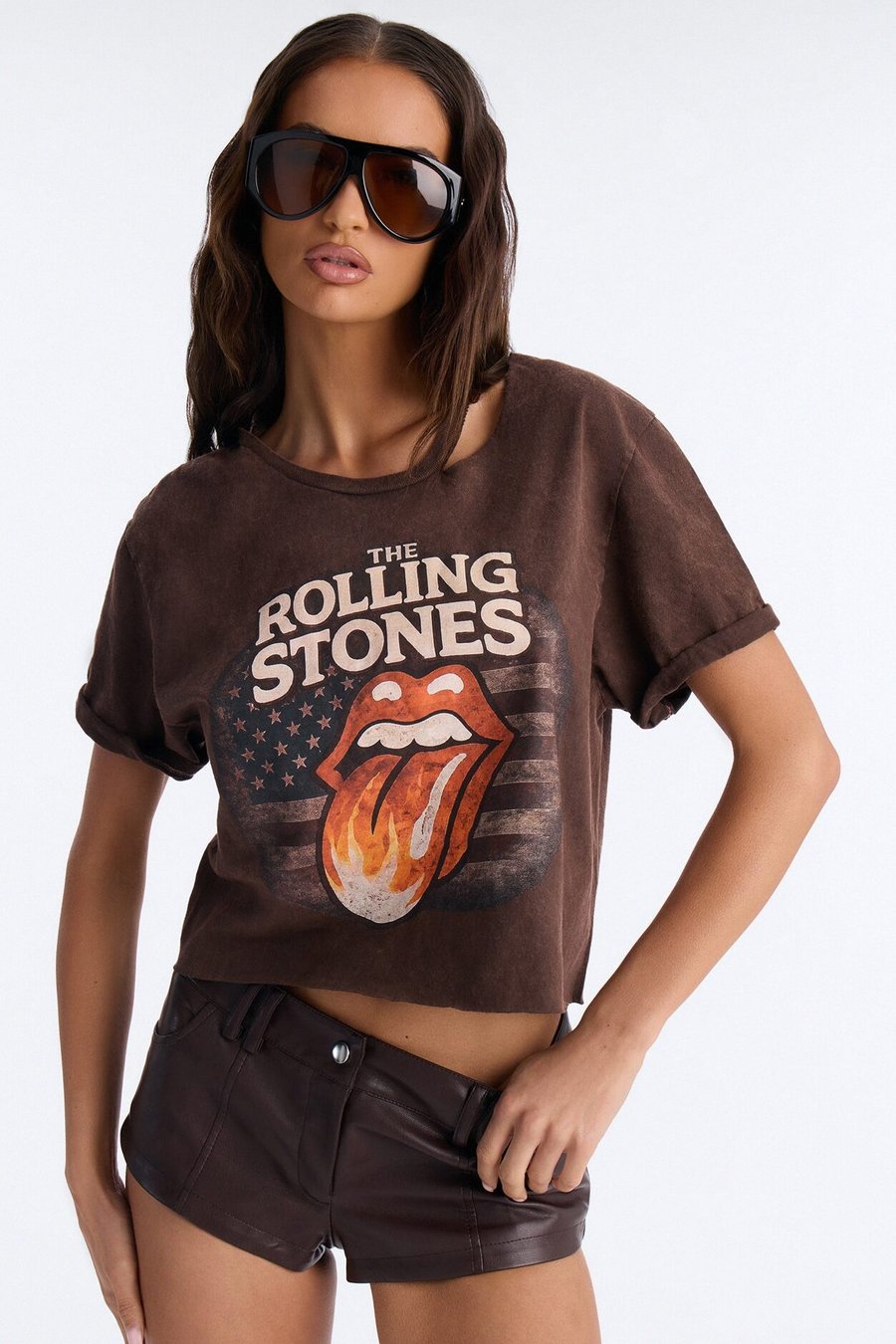 The Rolling Stones Americana Cut Out Crop Tee - Brown