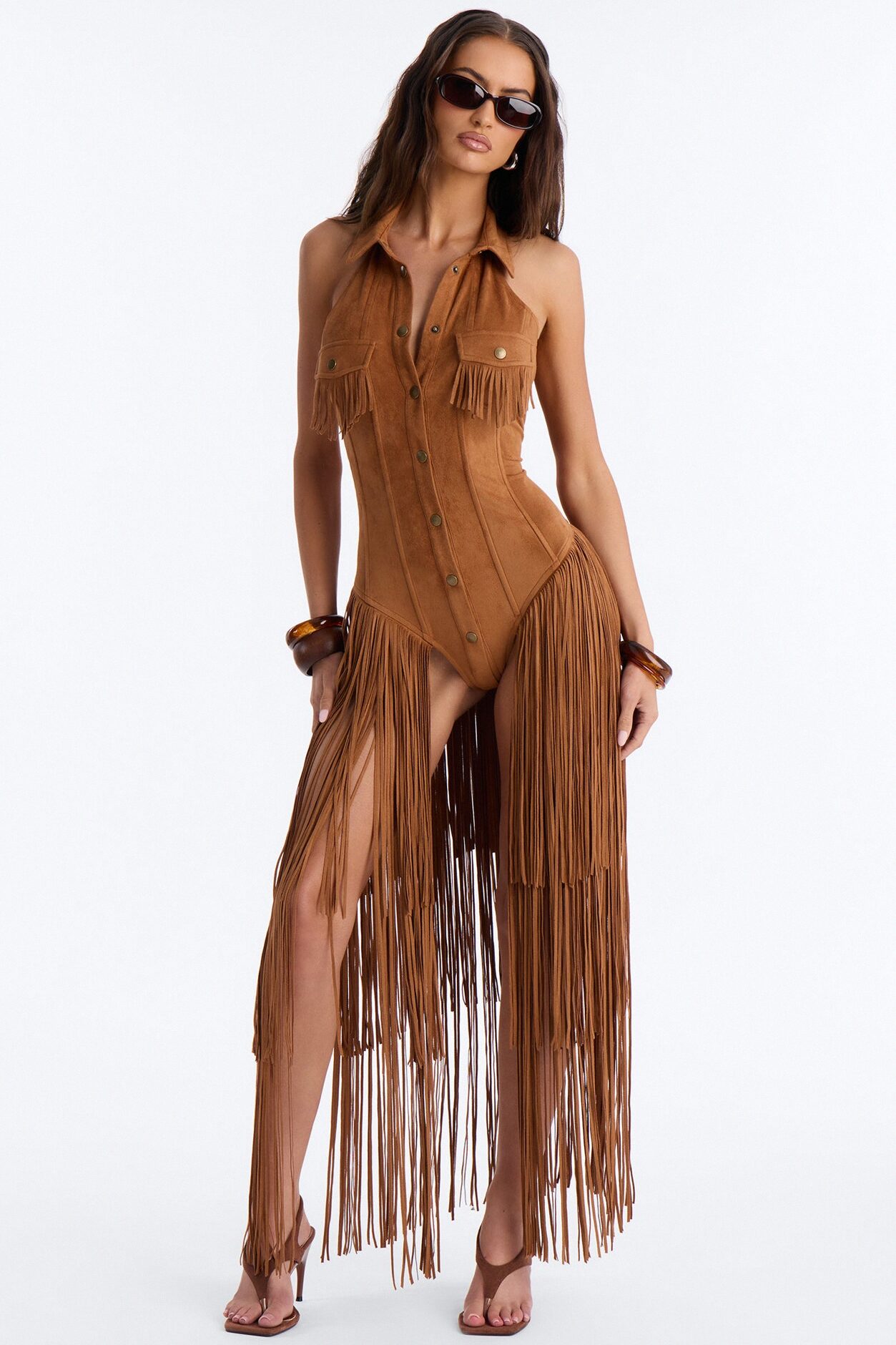 Bri Faux Suede Fringe Micro Romper - Brown