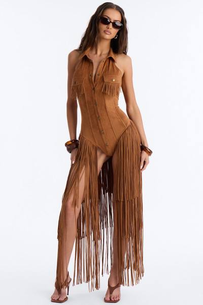 Bri Faux Suede Fringe Micro Romper - Brown
