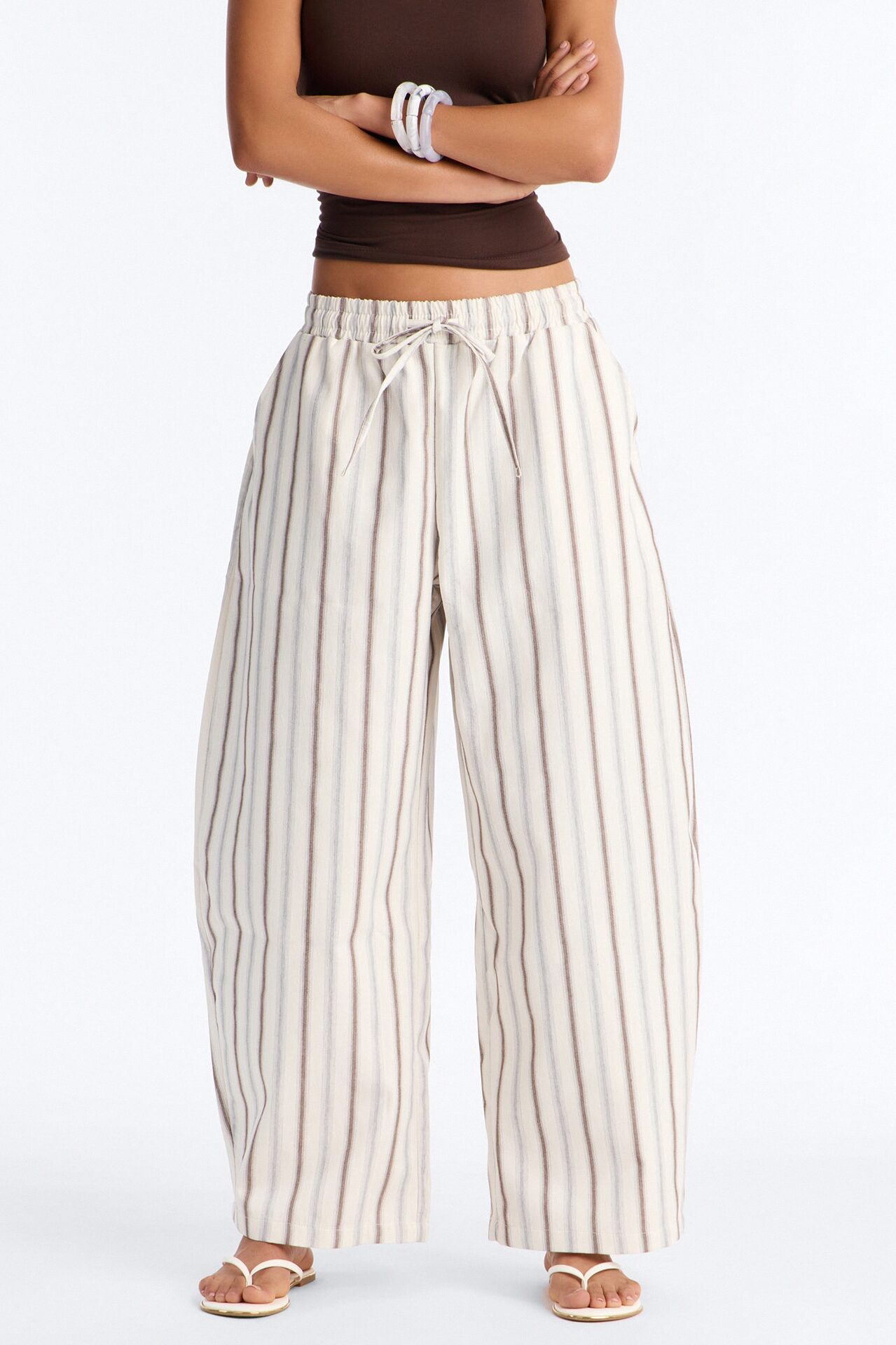 Misty Mornings Textured Striped Barrel Leg Pant - Cream/combo
