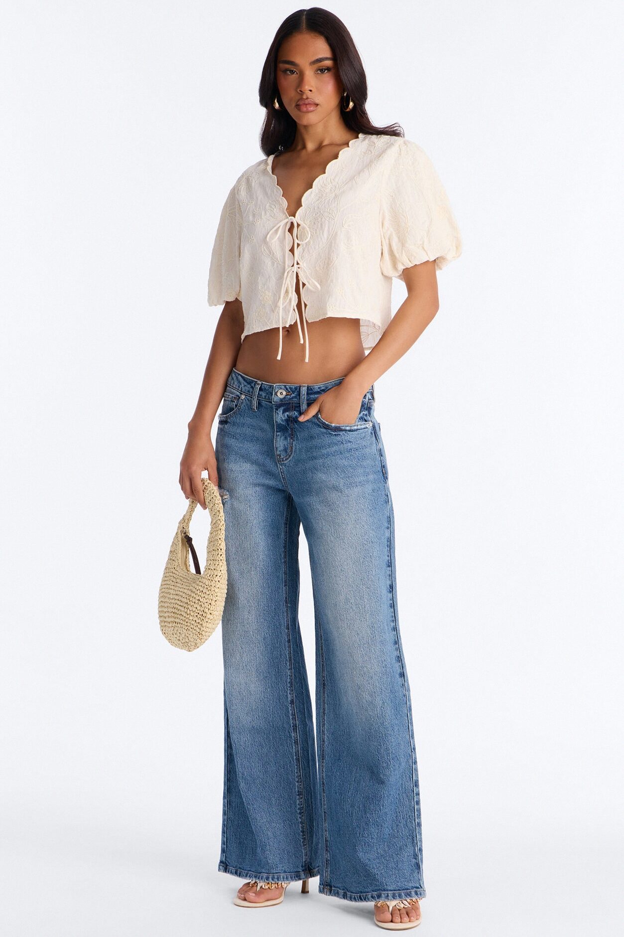 Mira Embroidered Tie Front Linen Top - Cream