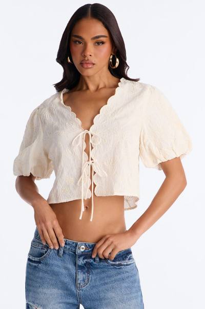 Mira Embroidered Tie Front Linen Top - Cream