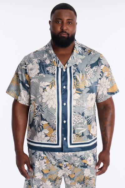 Relaxed Palm Vista Cuban Button Up Shirt - Blue