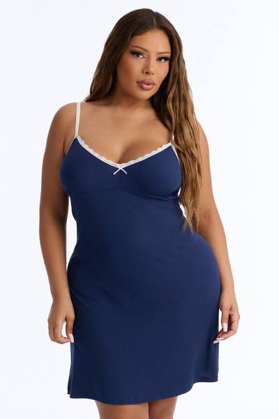 Getting Sleepy Ribbed Sleep Gown - Navy