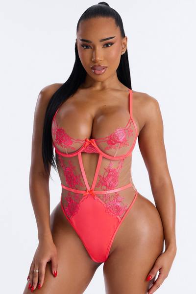 Wild Fire Embroidered Sheer Underwire Teddy - Coral