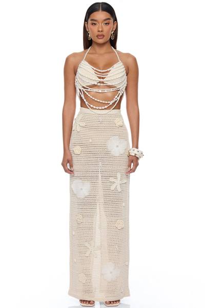 Summer Glow Pearl Crochet Skirt Set - Sand
