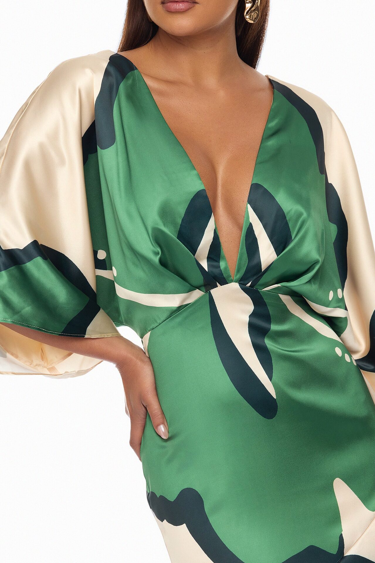 Veronika Short Sleeve Satin Maxi Dress - Green/combo